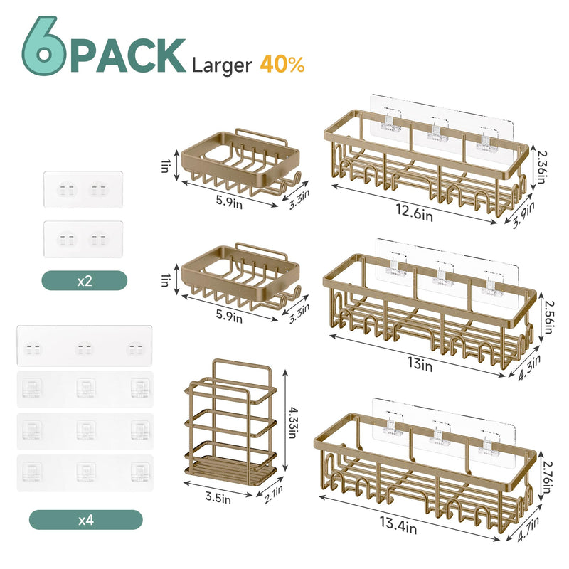 Veken 6-Pack Adhesive Rustproof Wall-Mounted Shower Caddy with Soap Holder - Matte Gold-zoom-