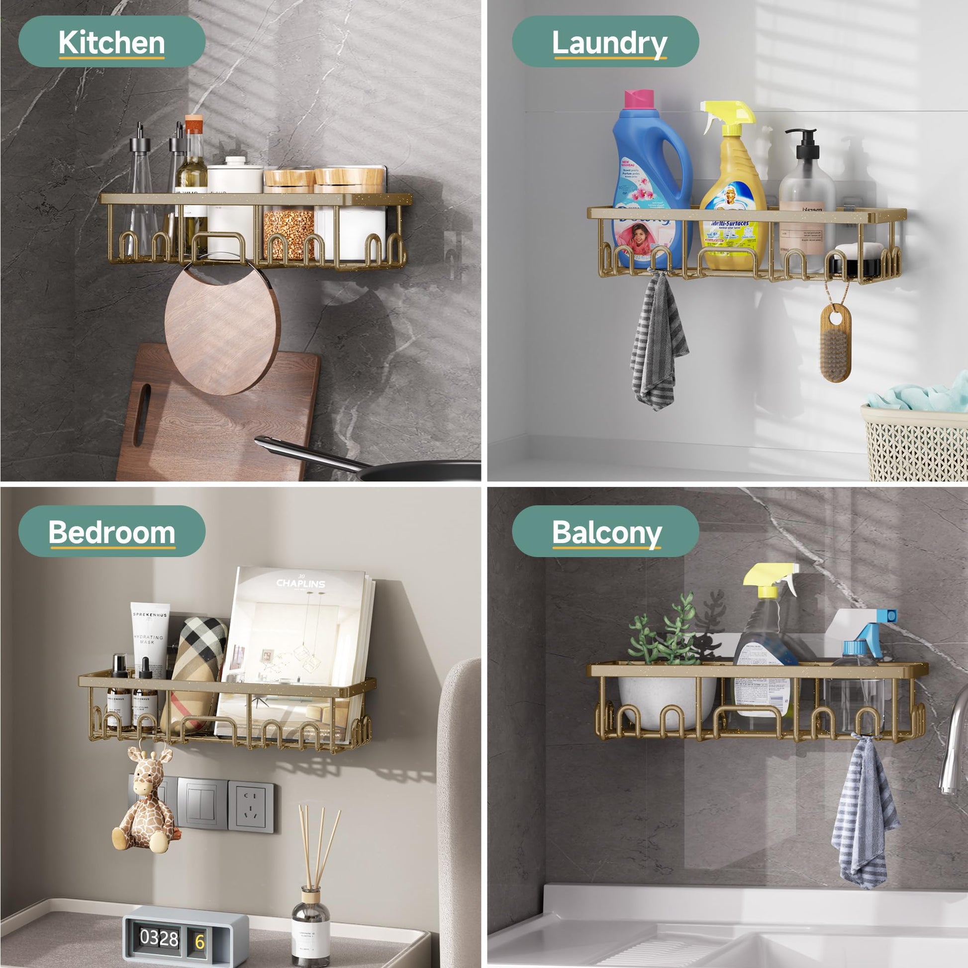 Veken 6-Pack Adhesive Rustproof Wall-Mounted Shower Caddy with Soap Holder - Matte Gold-7