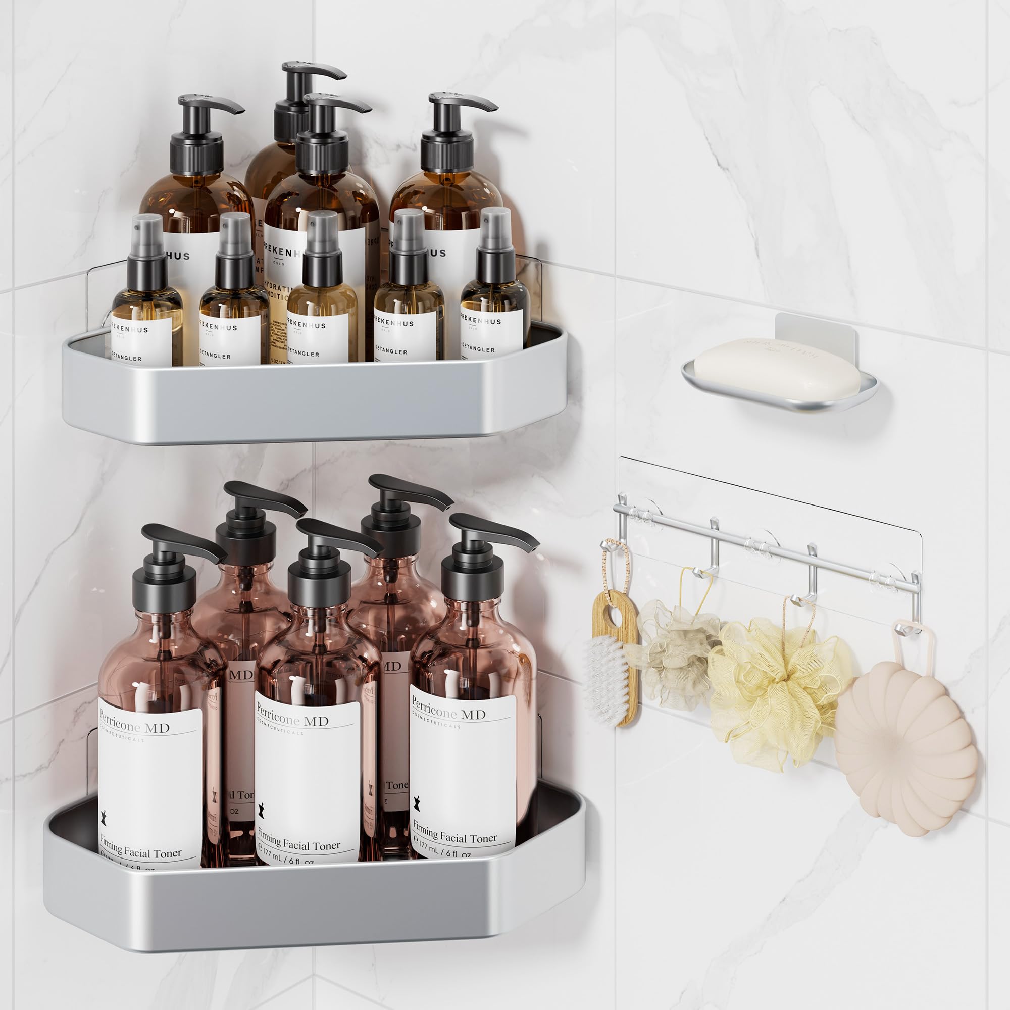 Veken Stainless Corner Shower Caddy - 4 Pack, Aluminum Rustproof & Waterproof Shower Shelve, Adhesive Shower Organizers, No Drilling Bathroom Organizers and Storage Racks, Silver-zoom-3
