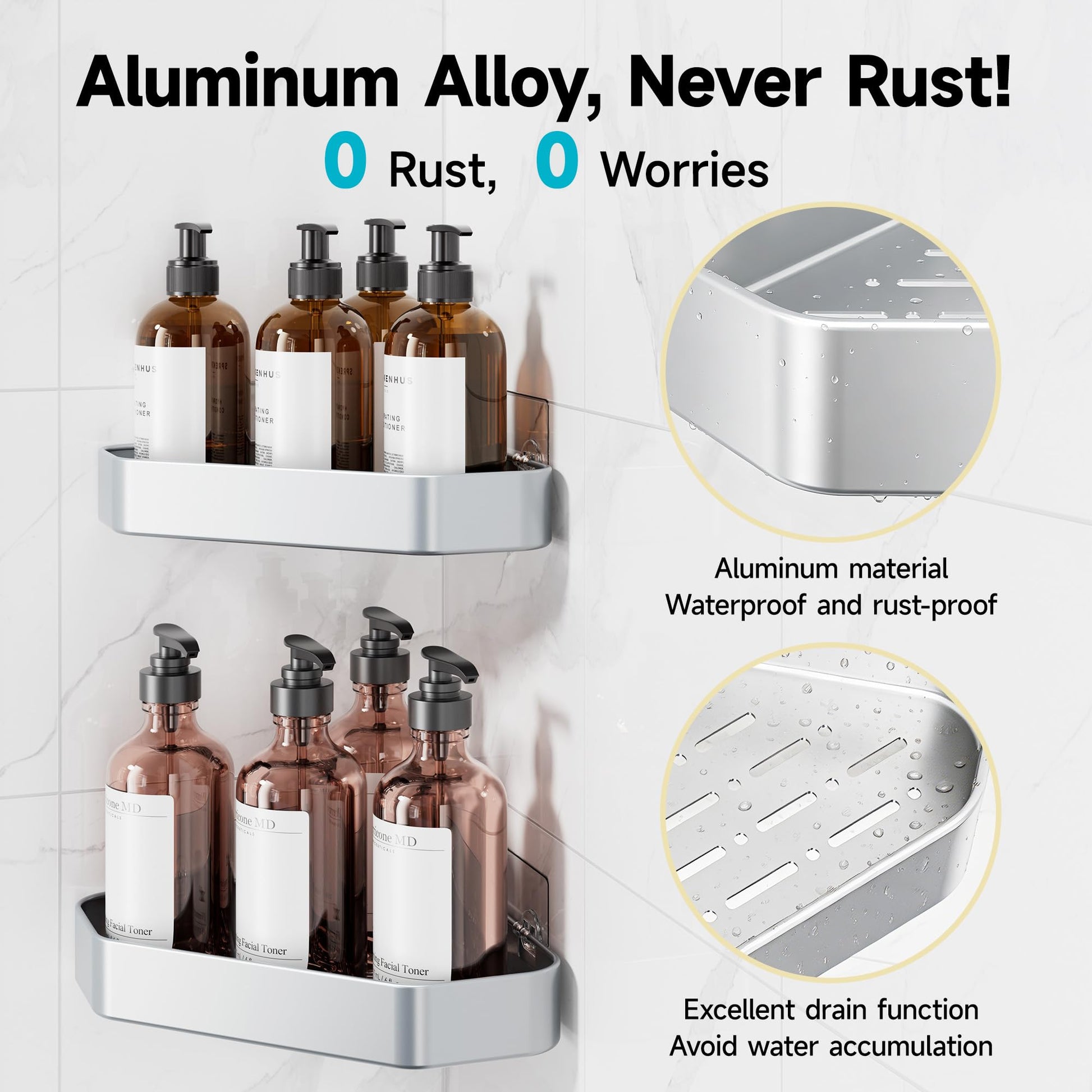 Veken Stainless Corner Shower Caddy - 4 Pack, Aluminum Rustproof & Waterproof Shower Shelve, Adhesive Shower Organizers, No Drilling Bathroom Organizers and Storage Racks, Silver-4