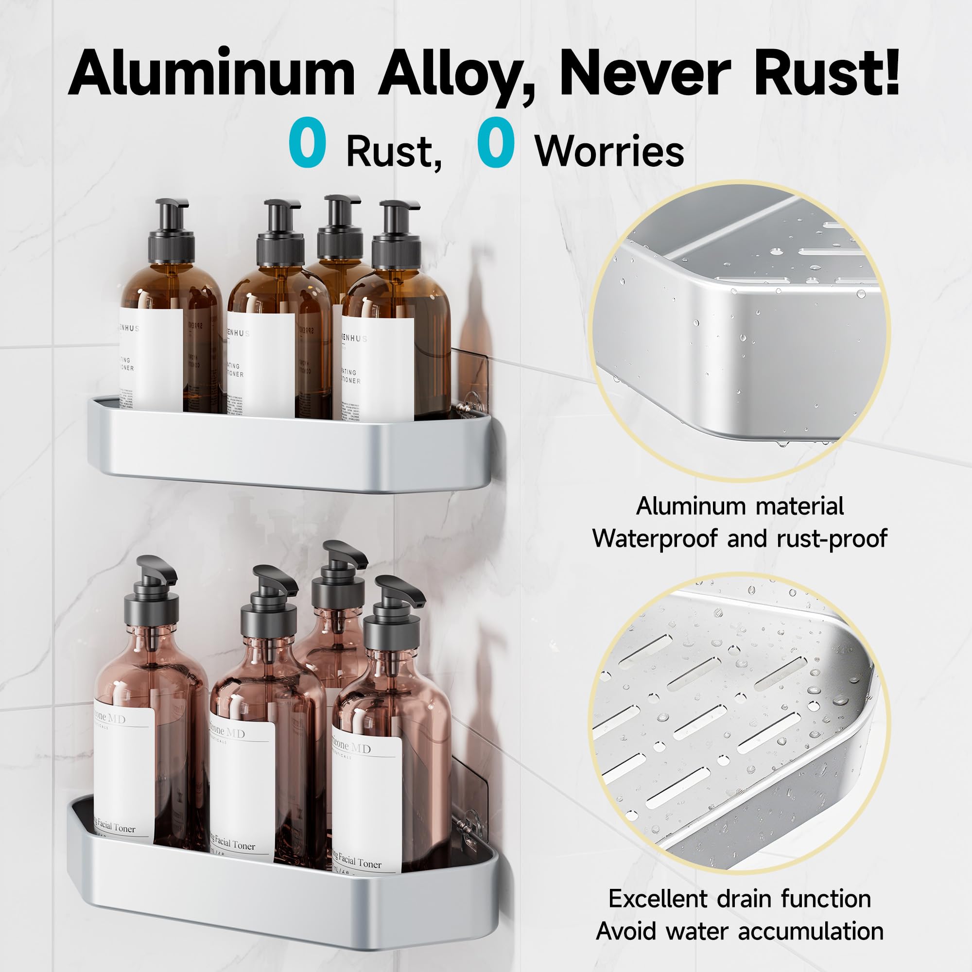 Veken Stainless Corner Shower Caddy - 4 Pack, Aluminum Rustproof & Waterproof Shower Shelve, Adhesive Shower Organizers, No Drilling Bathroom Organizers and Storage Racks, Silver-zoom-4