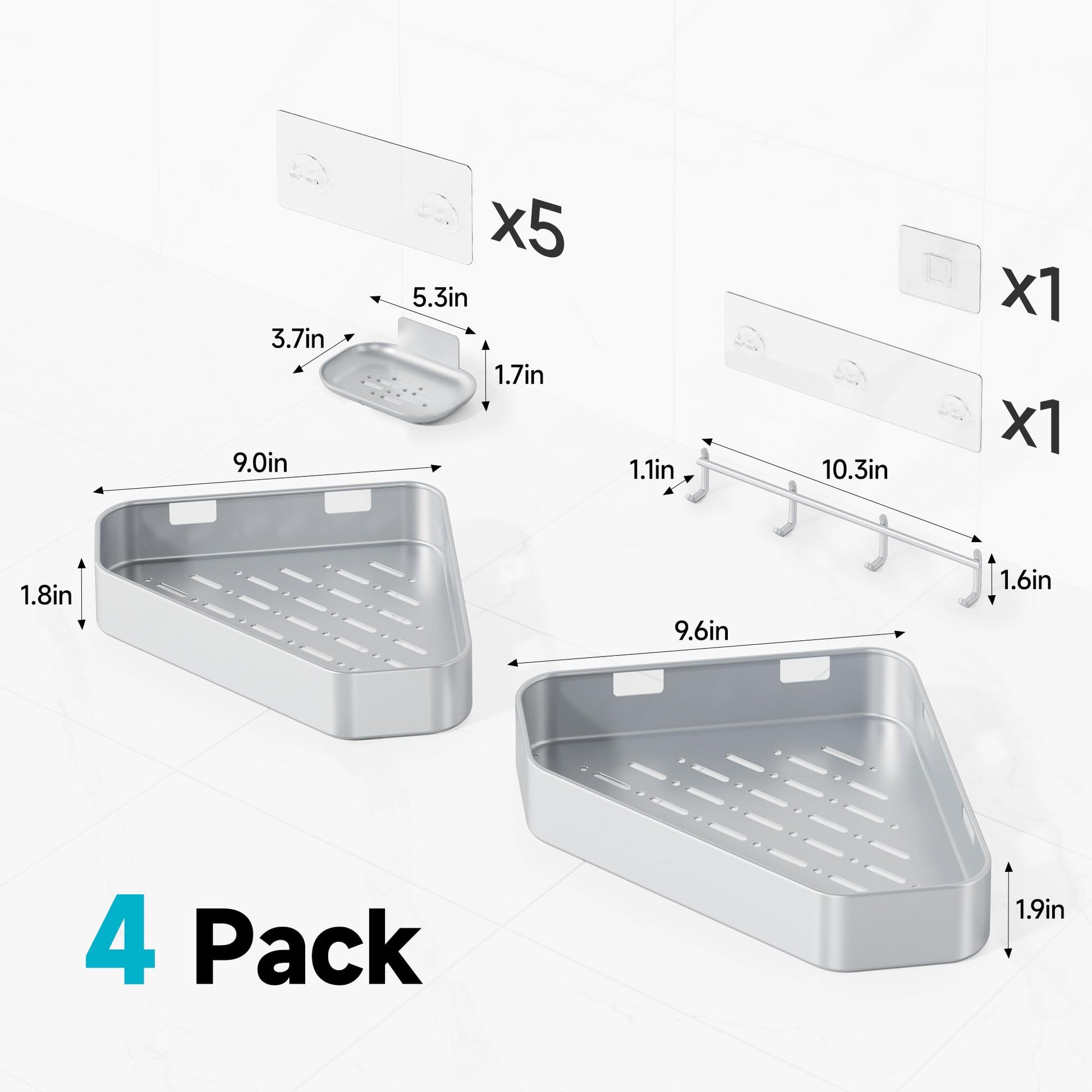 Veken Stainless Corner Shower Caddy - 4 Pack, Aluminum Rustproof & Waterproof Shower Shelve, Adhesive Shower Organizers, No Drilling Bathroom Organizers and Storage Racks, Silver-1