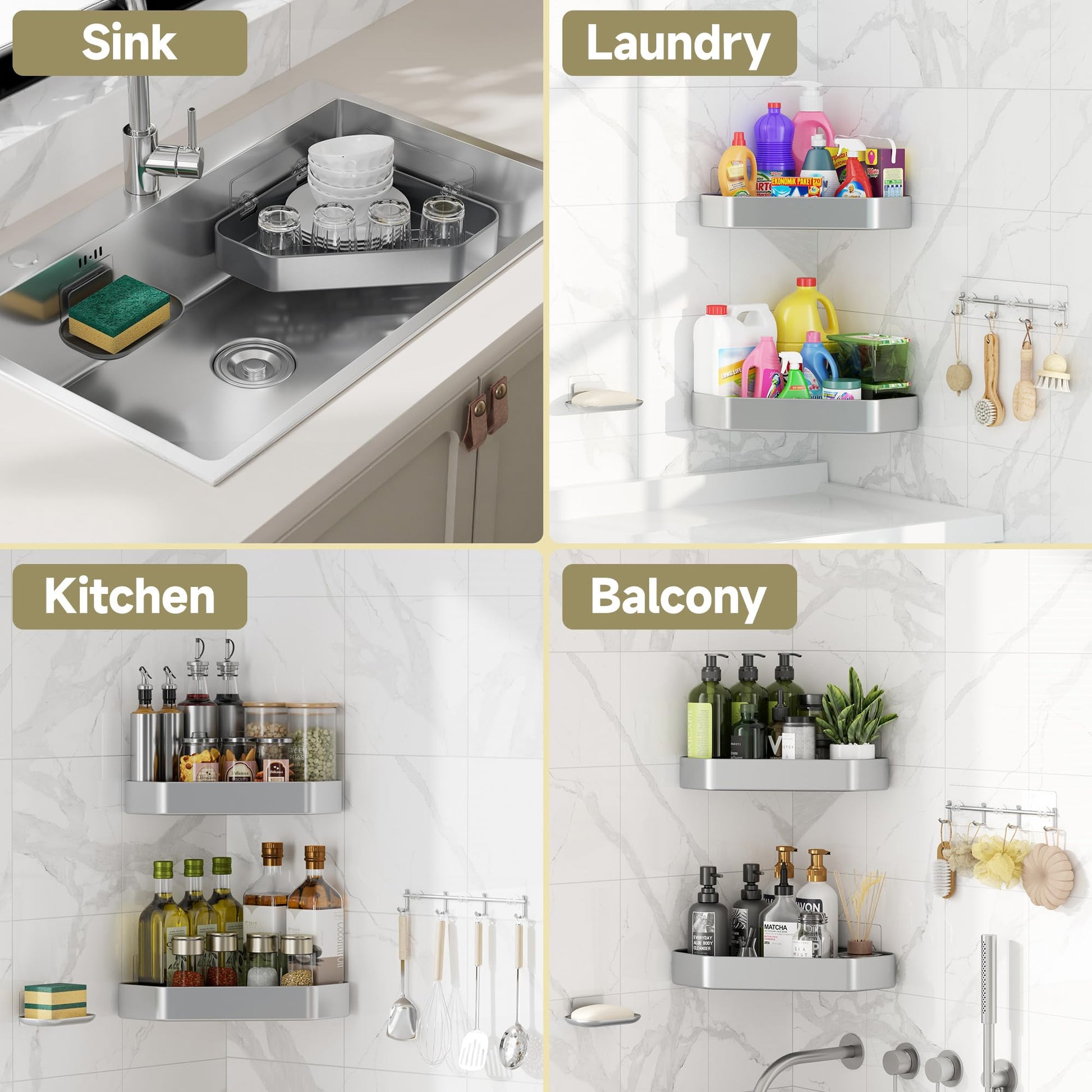 Veken Stainless Corner Shower Caddy - 4 Pack, Aluminum Rustproof & Waterproof Shower Shelve, Adhesive Shower Organizers, No Drilling Bathroom Organizers and Storage Racks, Silver-9