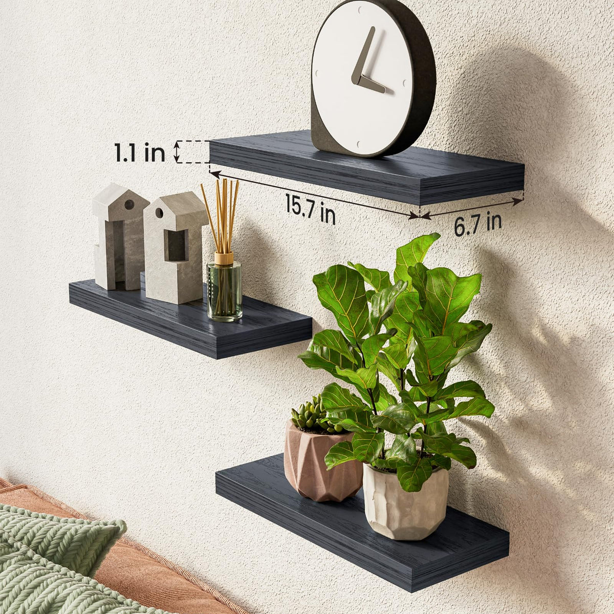 BAYKA Floating Shelves Set of 3, Light Oak Wall Mounted Wood Shelves for Bedroom Bathroom Living Room Decor, Rustic Farmhouse Display Bookshelf for Wall Storage-14