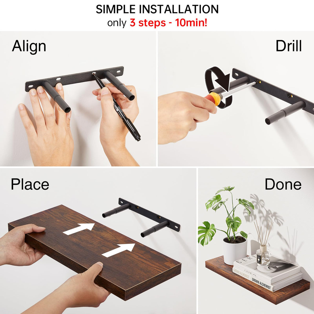 BAYKA Floating Shelves Set of 3, Wall Mounted Wooden Display Shelf Set for Bedroom, Bathroom, Living Room & Office-zoom-8
