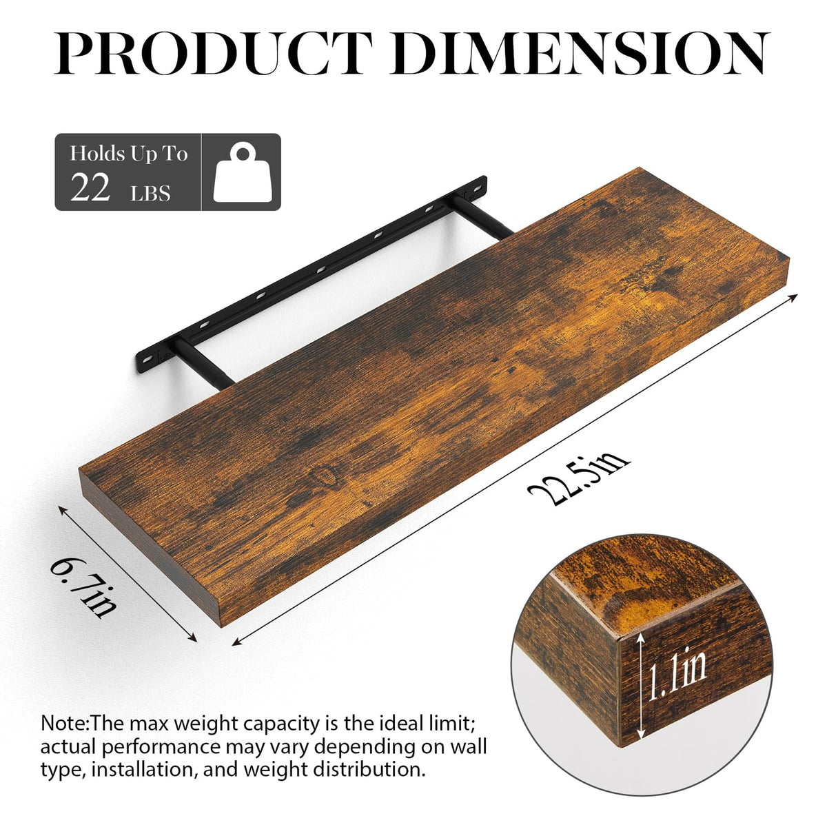 BAYKA Walnut Floating Shelves 22.5 Inch, Set of 2, Wall Mounted Wood Shelves for Bedroom Bathroom Living Room Decor, Farmhouse Display Bookshelf for Wall Storage-zoom-13