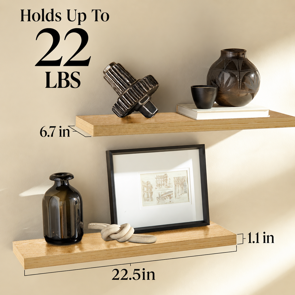 BAYKA Floating Shelves Set of 3, Light Oak Wall Mounted Wood Shelves for Bedroom Bathroom Living Room Decor, Rustic Farmhouse Display Bookshelf for Wall Storage-10