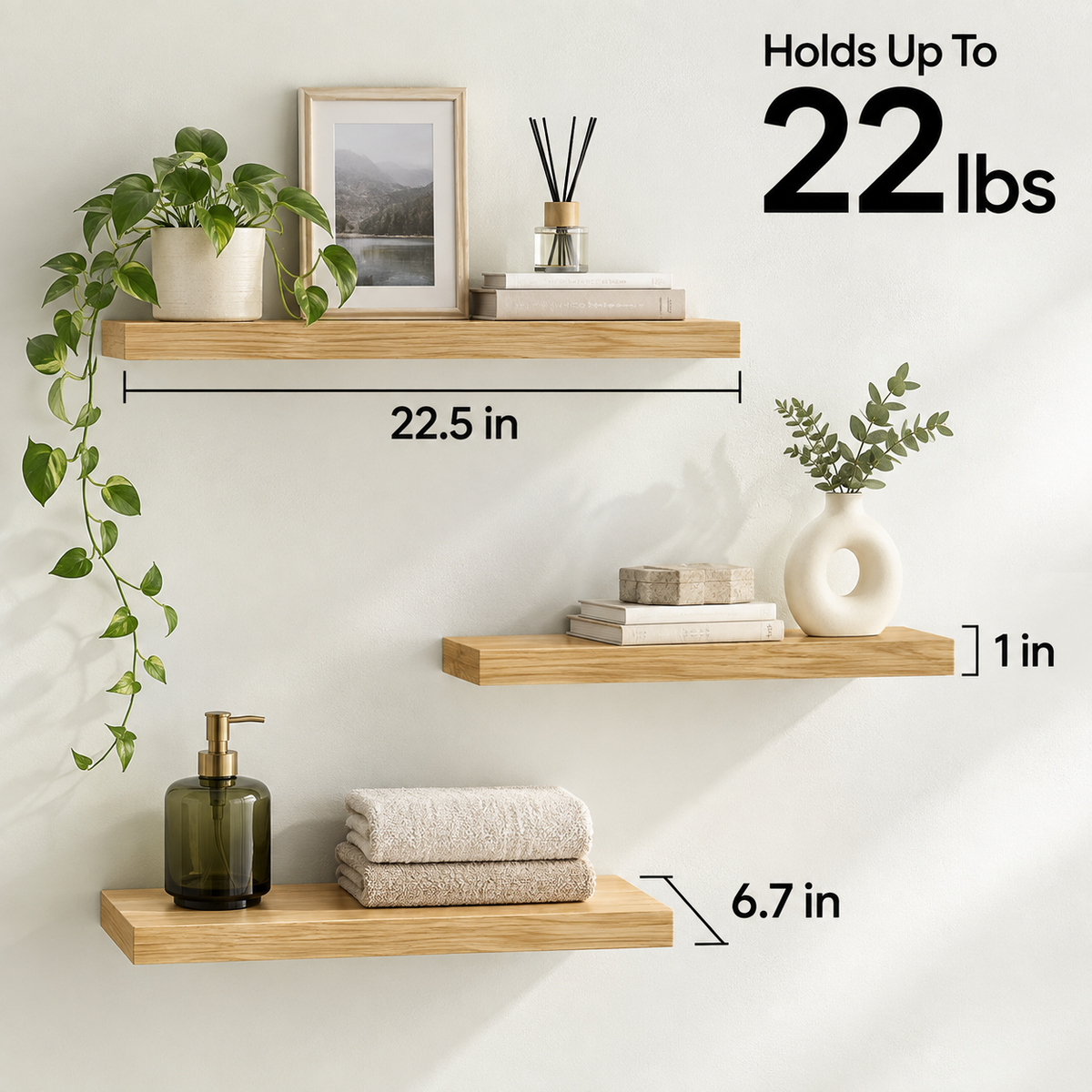 BAYKA Floating Shelves Set of 3, Light Oak Wall Mounted Wood Shelves for Bedroom Bathroom Living Room Decor, Rustic Farmhouse Display Bookshelf for Wall Storage-9