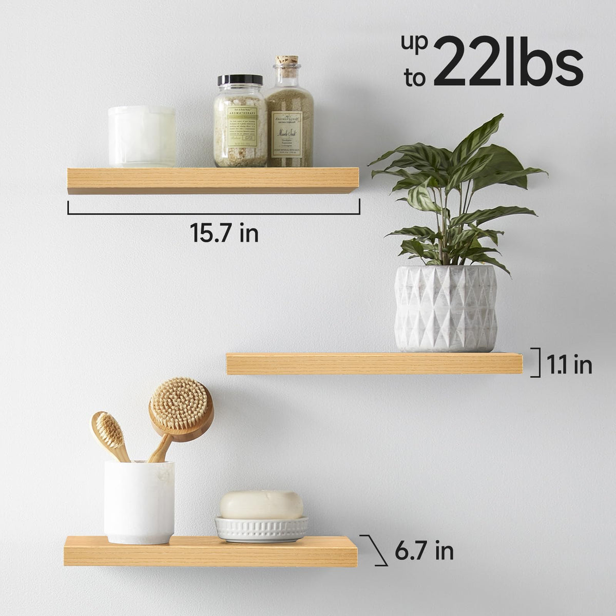 BAYKA Floating Shelves Set of 3, Light Oak Wall Mounted Wood Shelves for Bedroom Bathroom Living Room Decor, Rustic Farmhouse Display Bookshelf for Wall Storage-11