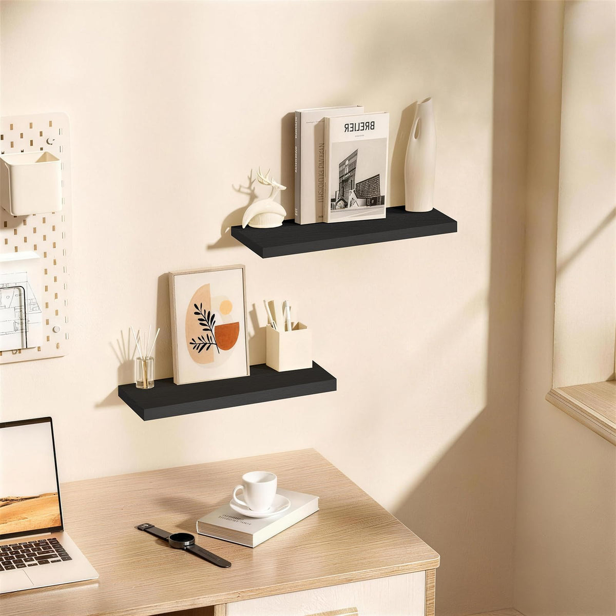 BAYKA Walnut Floating Shelves 22.5 Inch, Set of 2, Wall Mounted Wood Shelves for Bedroom Bathroom Living Room Decor, Farmhouse Display Bookshelf for Wall Storage-zoom-9
