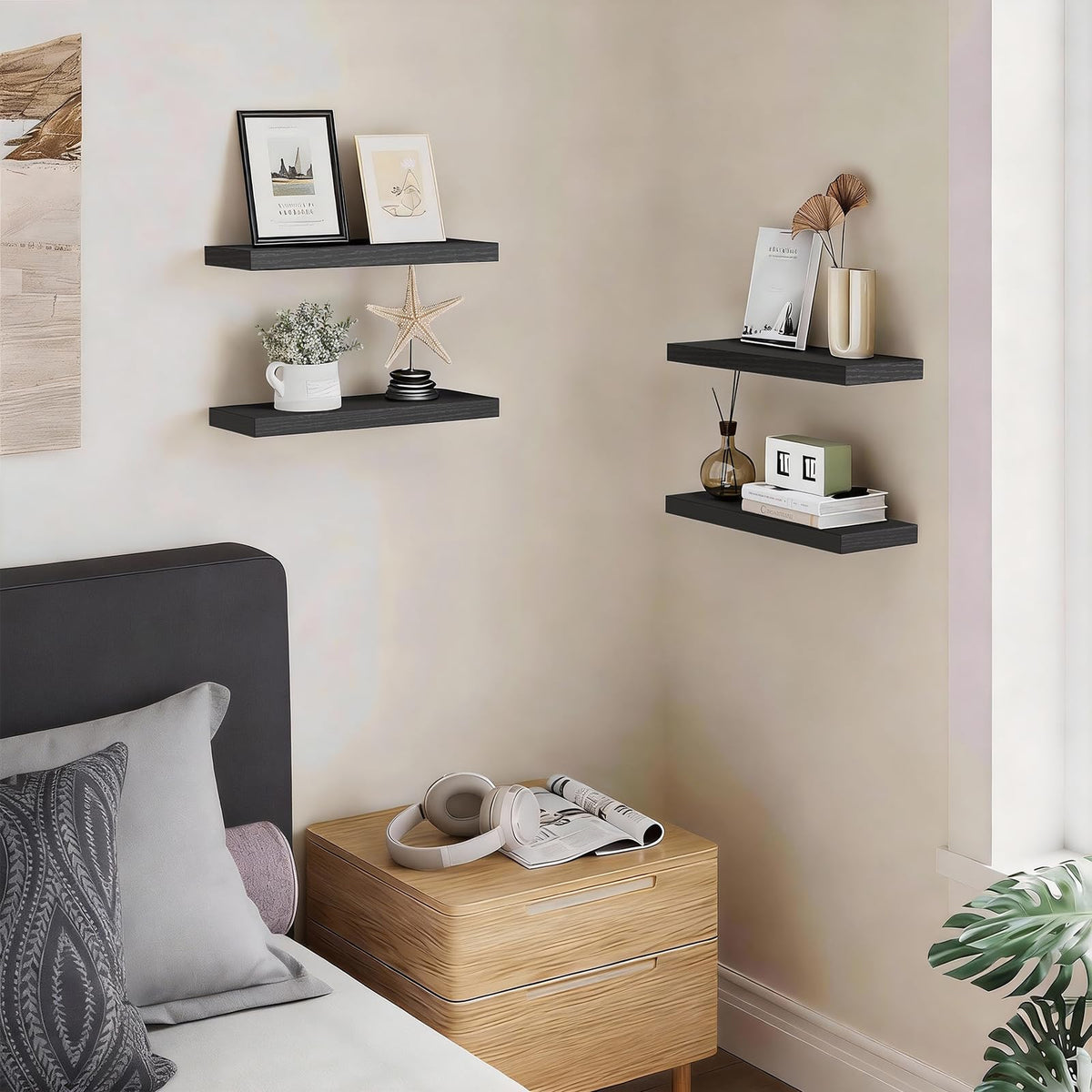 BAYKA Rustic Brown Floating Shelves 15.7 Inch, Set of 4, Wall Mounted Wood Shelves for Bedroom Bathroom Living Room Decor, Farmhouse Display Bookshelf for Wall Storage-zoom-5