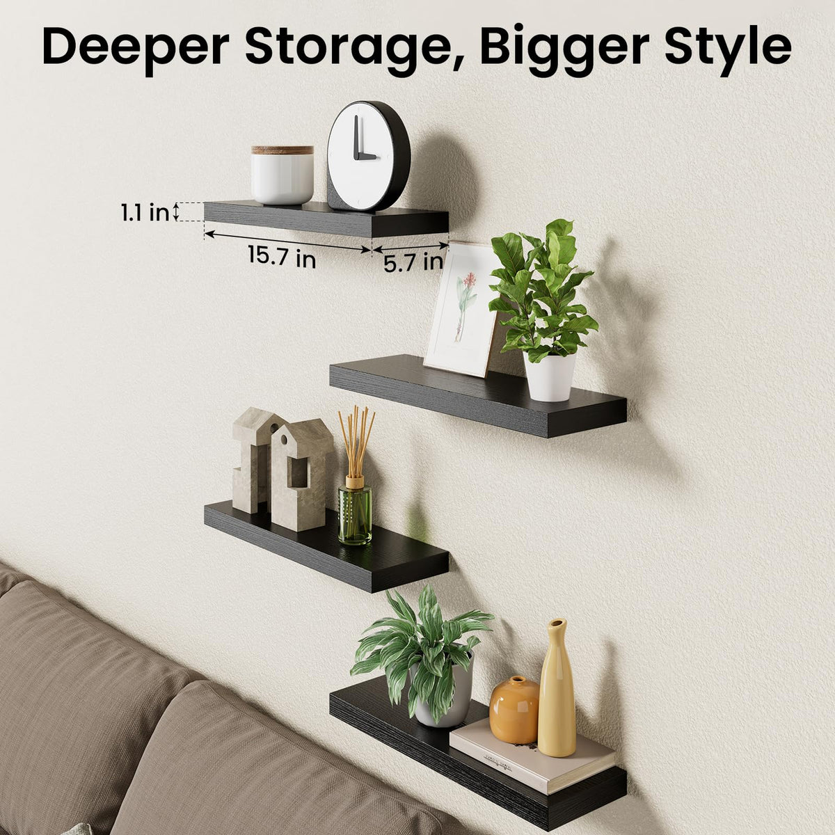 BAYKA Rustic Brown Floating Shelves 15.7 Inch, Set of 4, Wall Mounted Wood Shelves for Bedroom Bathroom Living Room Decor, Farmhouse Display Bookshelf for Wall Storage-zoom-8