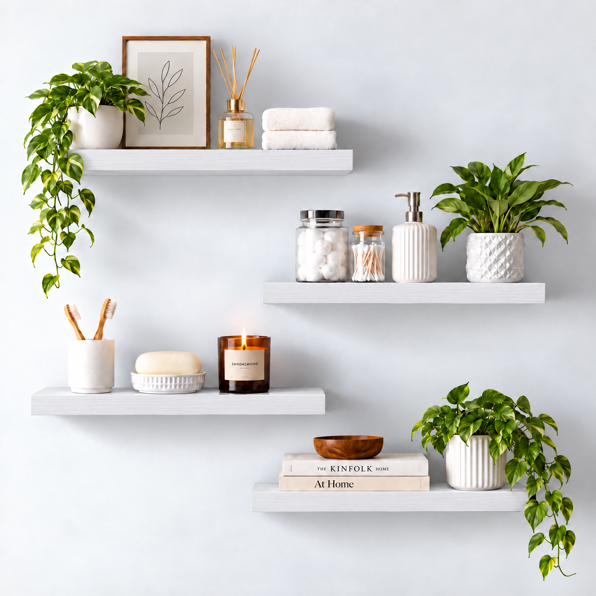BAYKA Floating Shelves Set of 4, Wall Mounted Wood Storage Shelves with Invisible Brackets for Bedroom, Bathroom & Kitchen