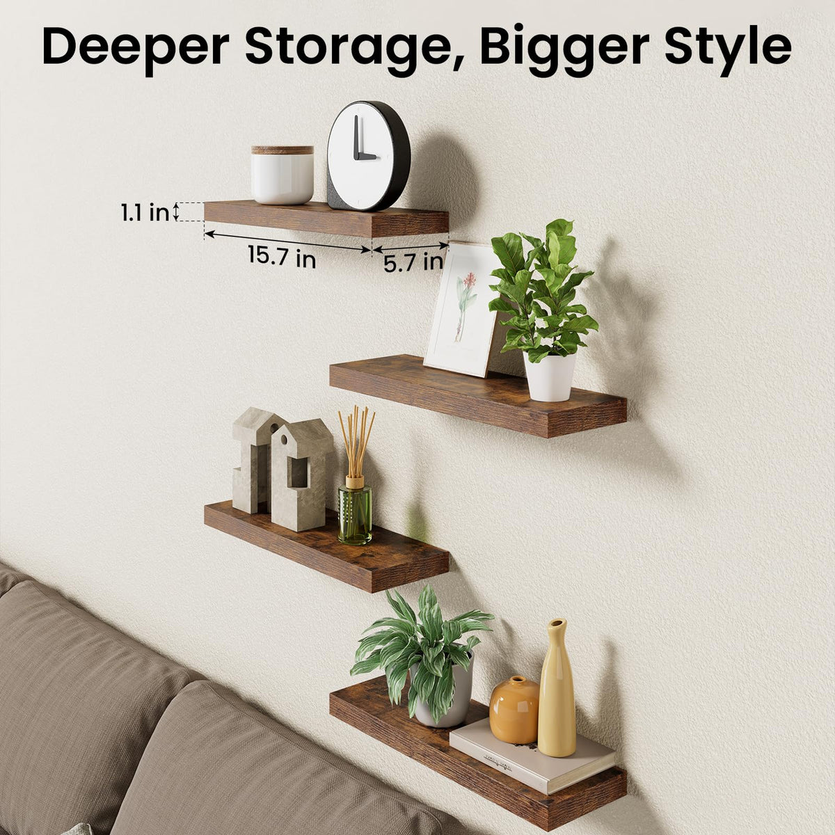 BAYKA Rustic Brown Floating Shelves 15.7 Inch, Set of 4, Wall Mounted Wood Shelves for Bedroom Bathroom Living Room Decor, Farmhouse Display Bookshelf for Wall Storage-zoom-9