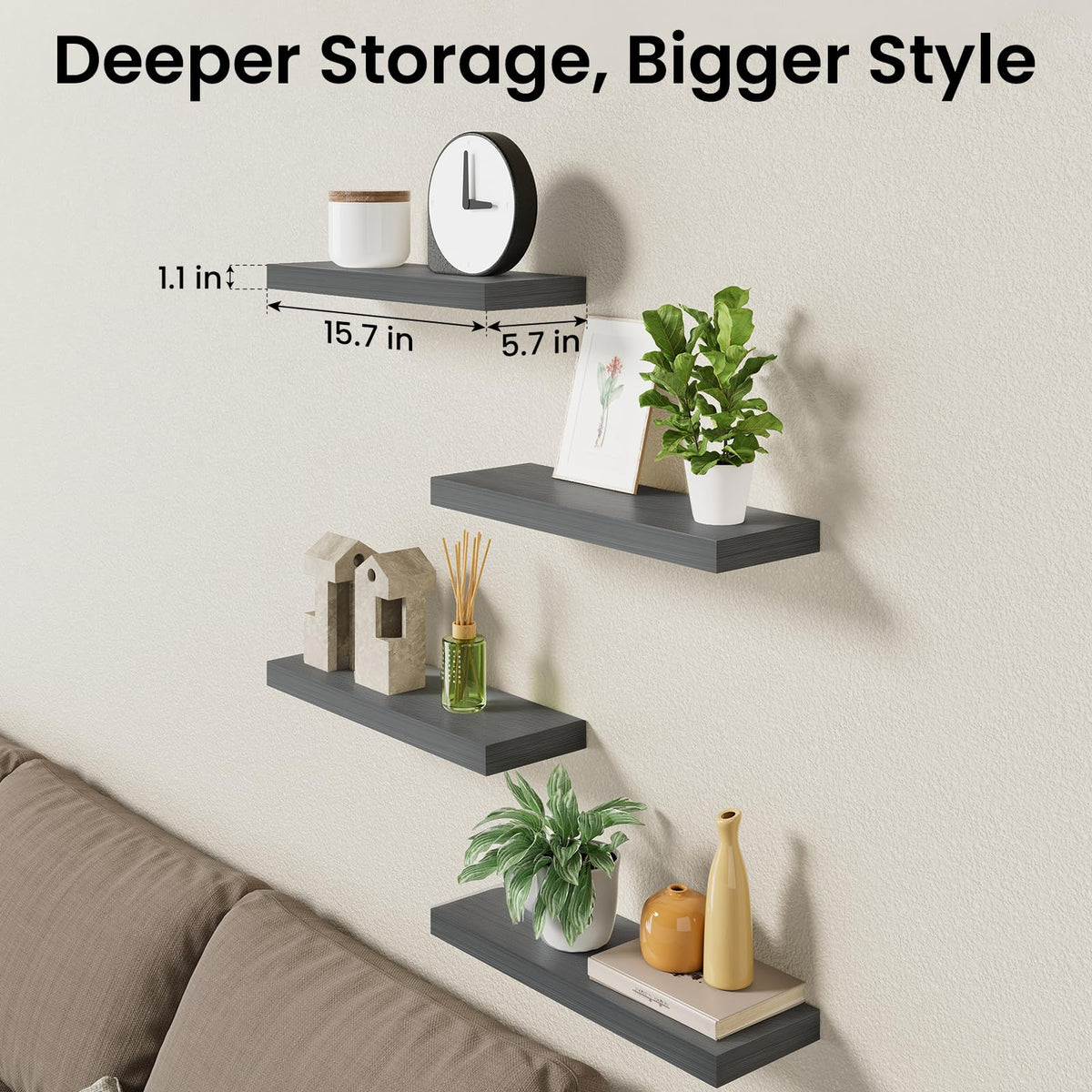 BAYKA Rustic Brown Floating Shelves 15.7 Inch, Set of 4, Wall Mounted Wood Shelves for Bedroom Bathroom Living Room Decor, Farmhouse Display Bookshelf for Wall Storage-11
