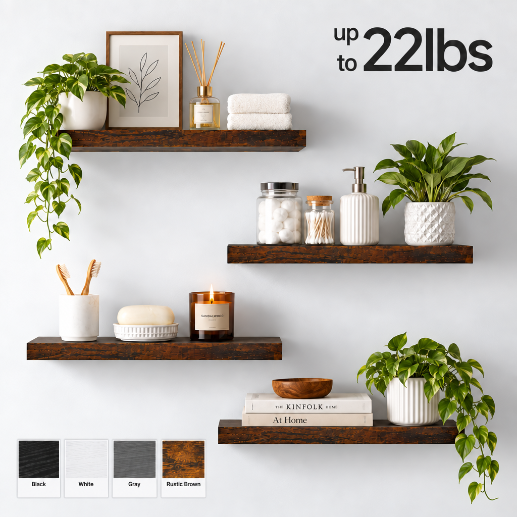 BAYKA Rustic Brown Floating Shelves 15.7 Inch, Set of 4, Wall Mounted Wood Shelves for Bedroom Bathroom Living Room Decor, Farmhouse Display Bookshelf for Wall Storage-1