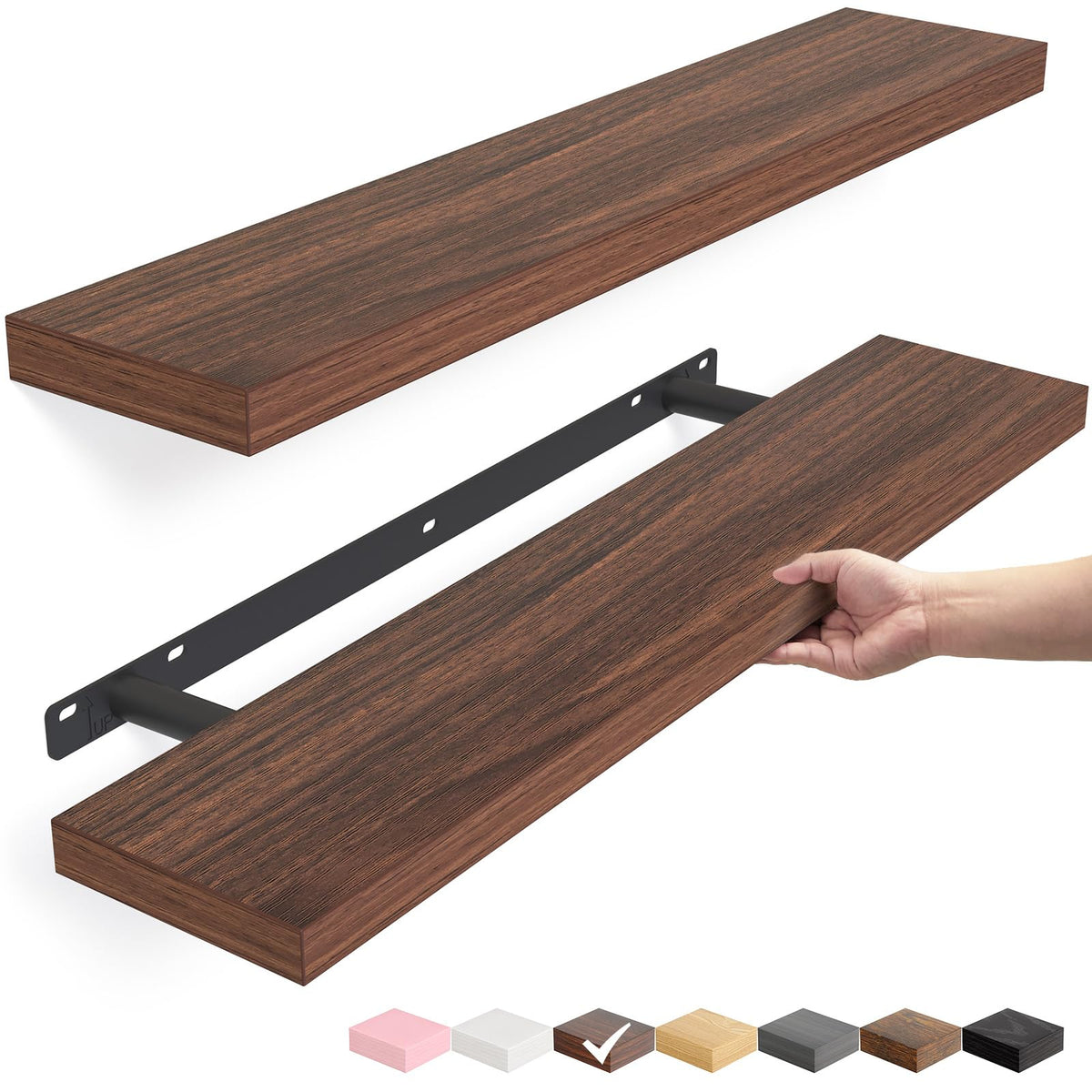 BAYKA Walnut Floating Shelves 22.5 Inch, Set of 2, Wall Mounted Wood Shelves for Bedroom Bathroom Living Room Decor, Farmhouse Display Bookshelf for Wall Storage-zoom-1