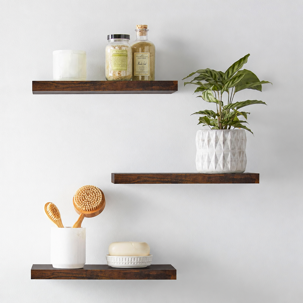 BAYKA Floating Shelves Set of 3, Light Oak Wall Mounted Wood Shelves for Bedroom Bathroom Living Room Decor, Rustic Farmhouse Display Bookshelf for Wall Storage-zoom-1