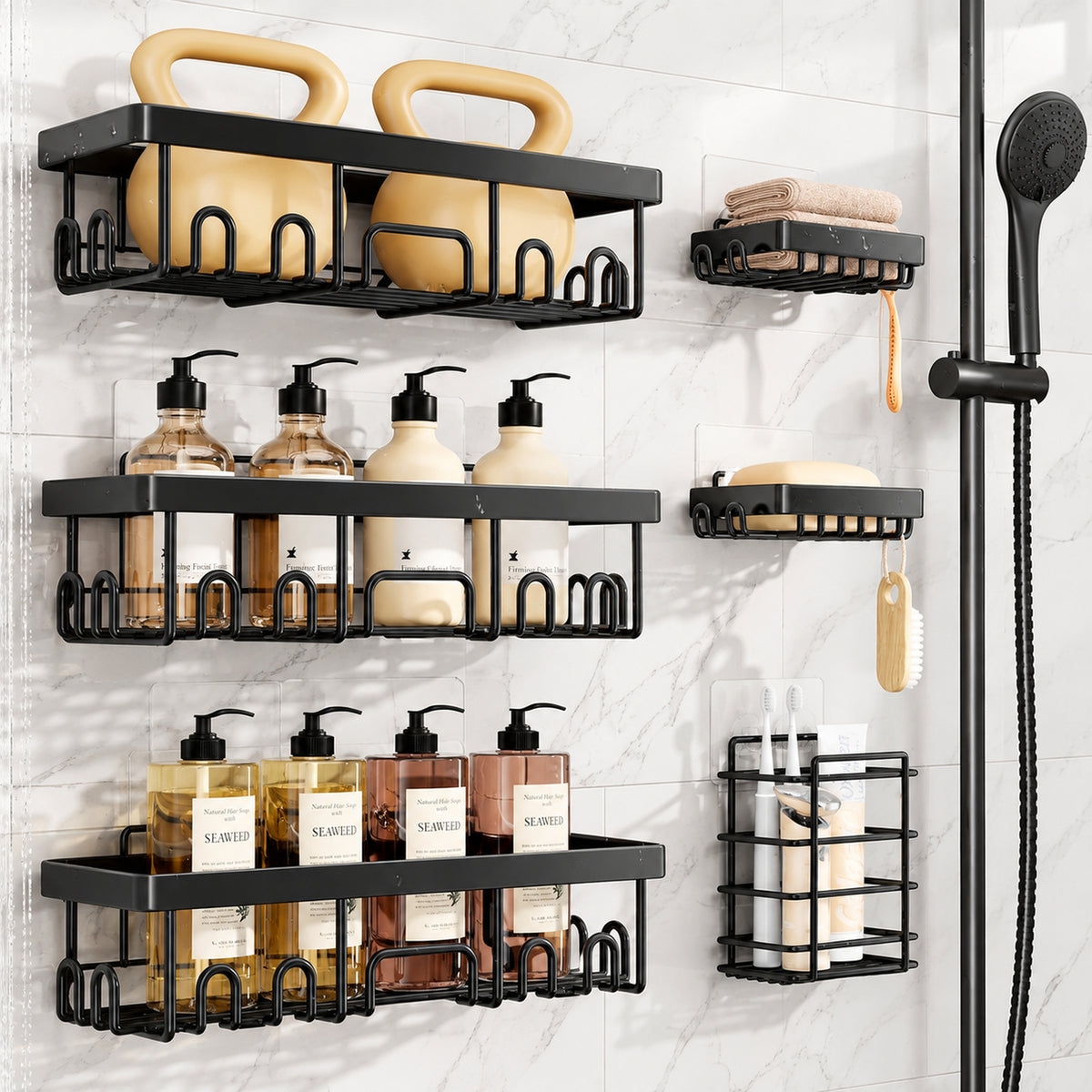 Veken Adhesive Shower Caddy Set, No-Drill Rust-Resistant Shower Shelves with Soap and Toothbrush Holders-zoom-20