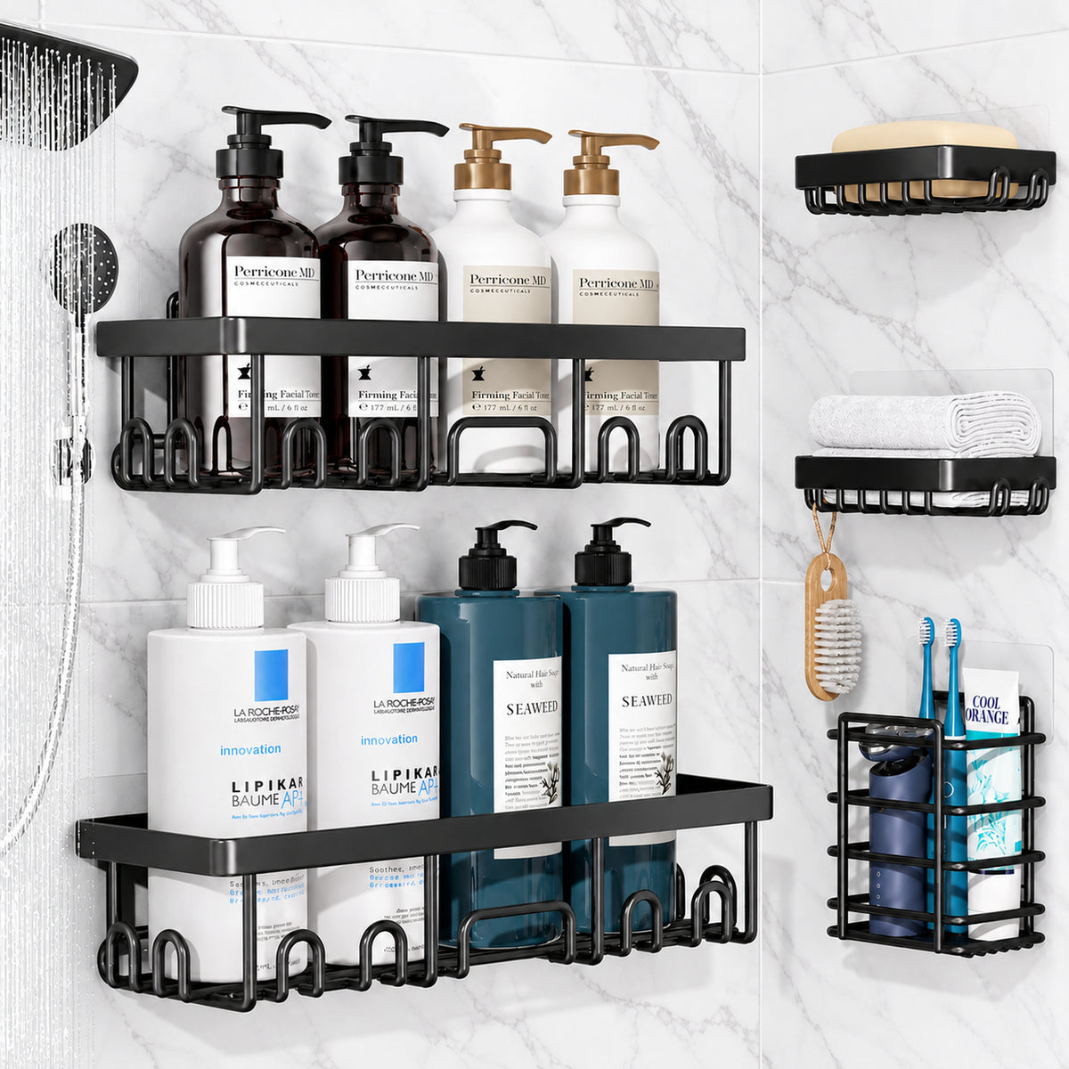 Veken Adhesive Shower Caddy Set, No-Drill Rust-Resistant Shower Shelves with Soap and Toothbrush Holders-18