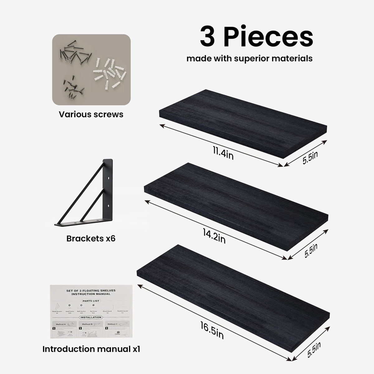 BAYKA Wall Mounted Floating Shelves, Set of 3, 16in, 23in & 36in Wall Shelves for Bedroom, Living Room, Bathroom & Kitchen, Multiple Colors-11