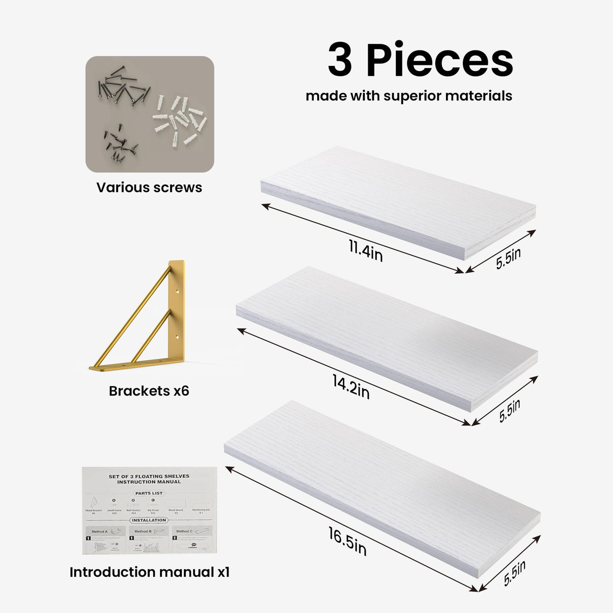 BAYKA Wall Mounted Floating Shelves, Set of 3, 16in, 23in & 36in Wall Shelves for Bedroom, Living Room, Bathroom & Kitchen, Multiple Colors-10