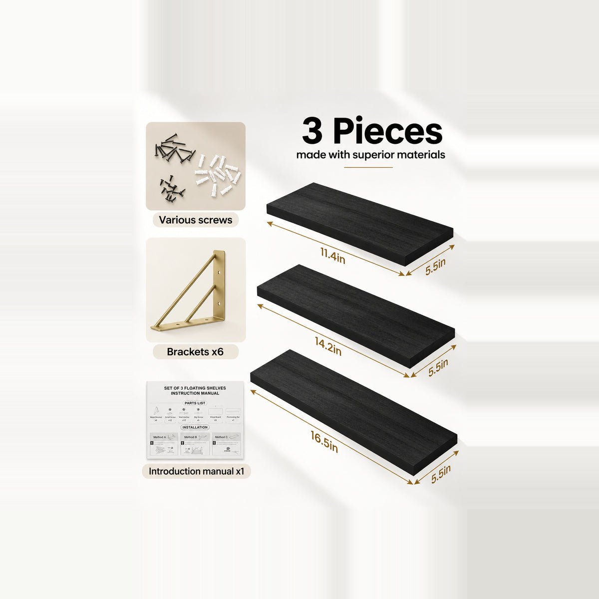 BAYKA Wall Mounted Floating Shelves, Set of 3, 16in, 23in & 36in Wall Shelves for Bedroom, Living Room, Bathroom & Kitchen, Multiple Colors-12