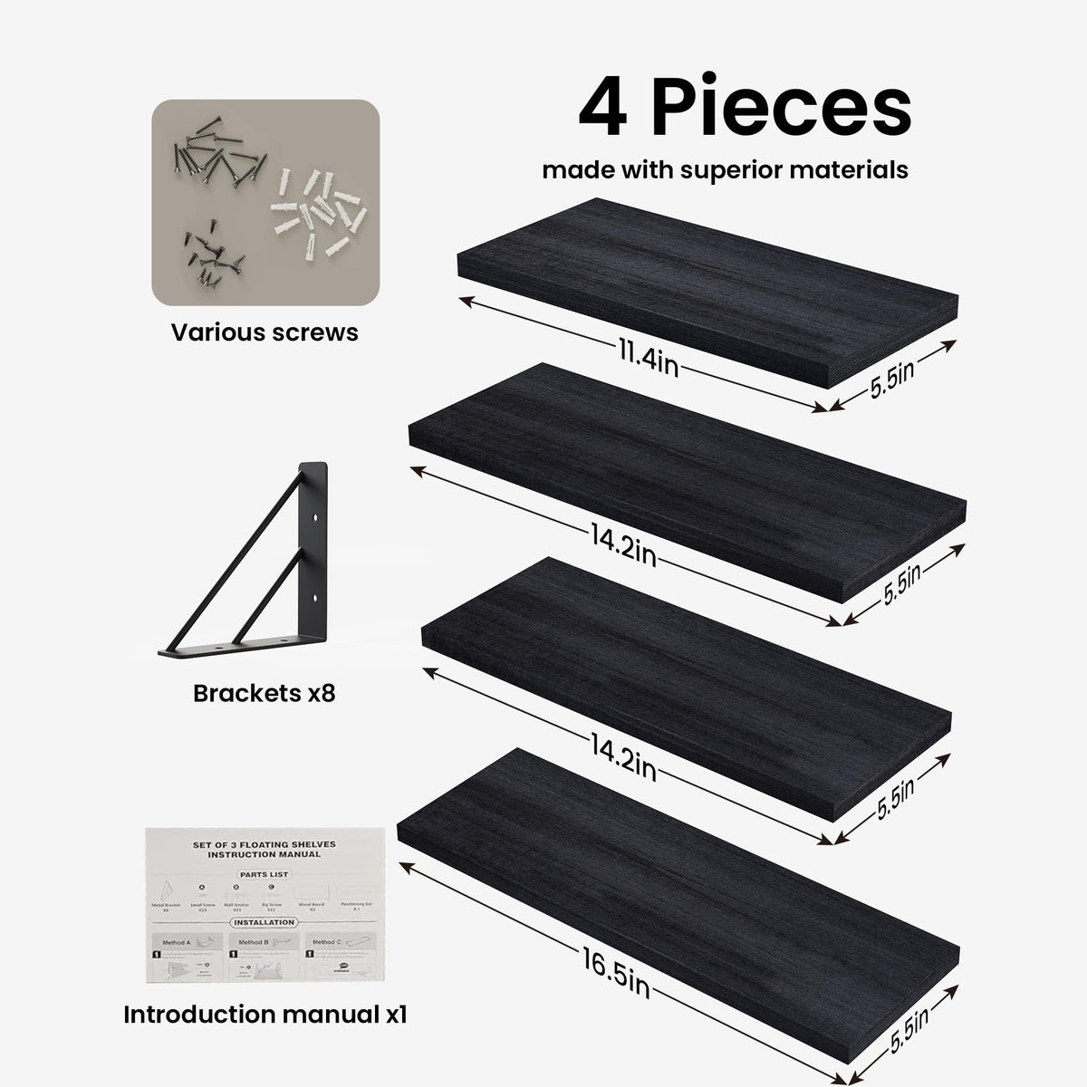 BAYKA Wall Mounted Floating Shelves, Set of 4, Space-Saving Wall Shelves for Bedroom, Living Room, Bathroom & Kitchen, Multiple Colors-7