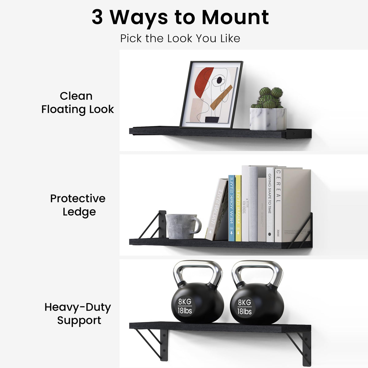 BAYKA Wall Mounted Floating Shelves, Set of 4, Space-Saving Wall Shelves for Bedroom, Living Room, Bathroom & Kitchen, Multiple Colors-1