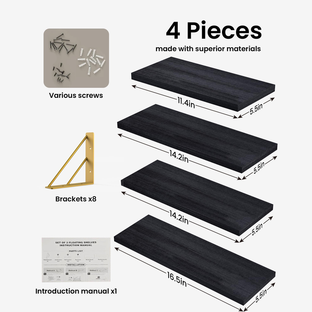 BAYKA Wall Mounted Floating Shelves, Set of 4, Space-Saving Wall Shelves for Bedroom, Living Room, Bathroom & Kitchen, Multiple Colors-zoom-9