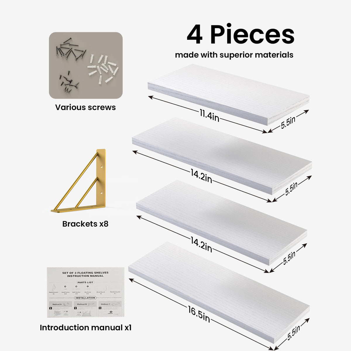 BAYKA Wall Mounted Floating Shelves, Set of 4, Space-Saving Wall Shelves for Bedroom, Living Room, Bathroom & Kitchen, Multiple Colors-zoom-12