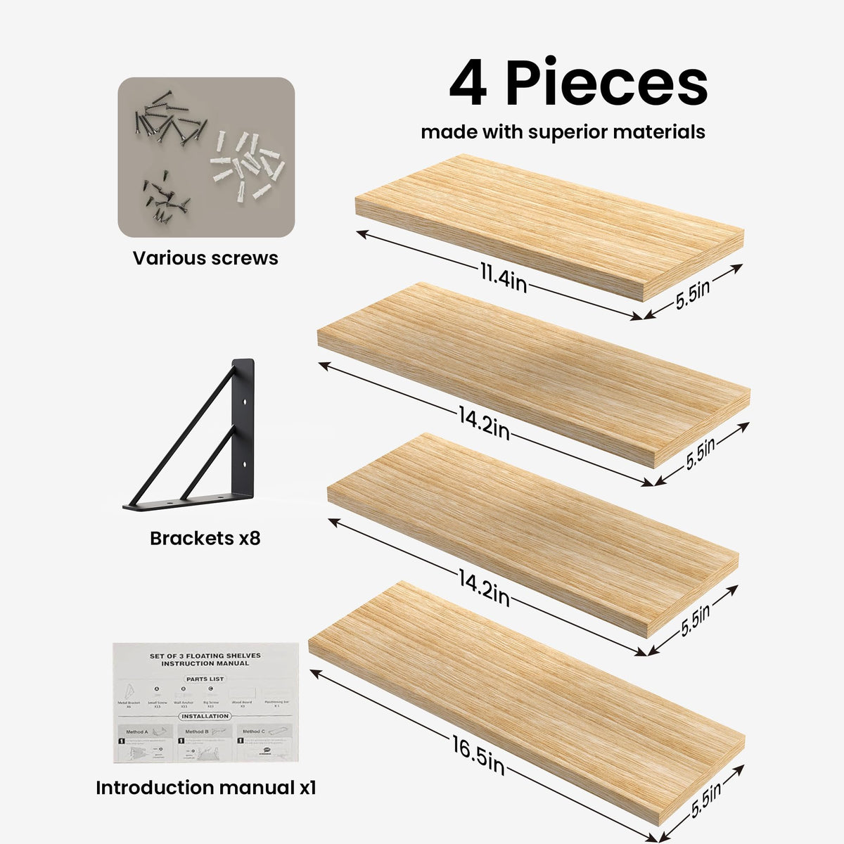 BAYKA Wall Mounted Floating Shelves, Set of 4, Space-Saving Wall Shelves for Bedroom, Living Room, Bathroom & Kitchen, Multiple Colors-11