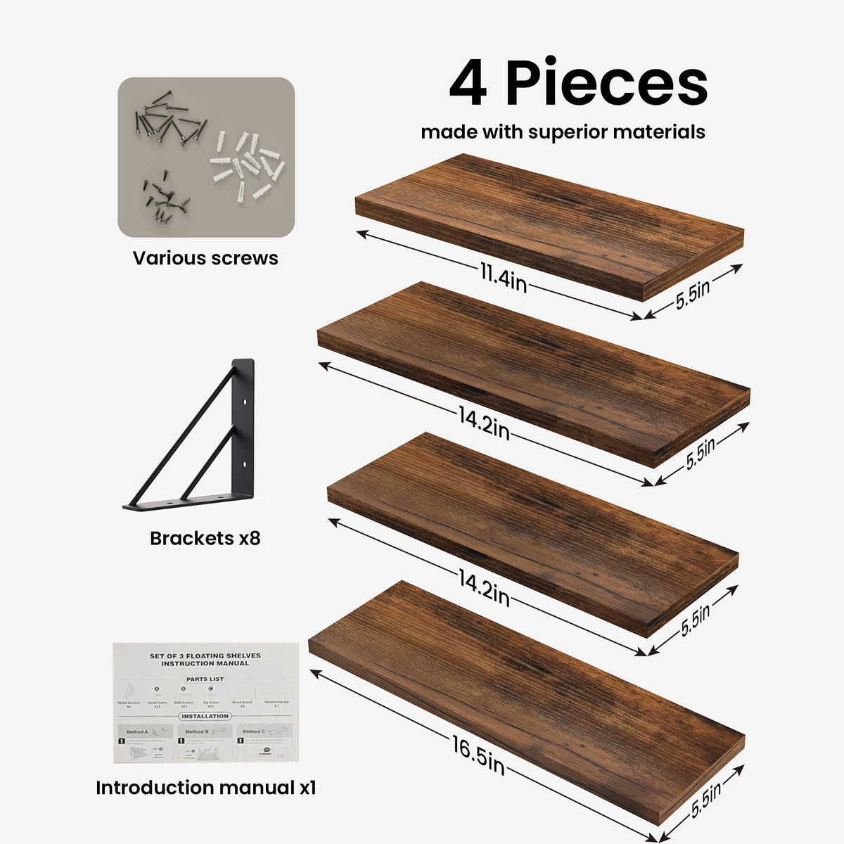 BAYKA Wall Mounted Floating Shelves, Set of 4, Space-Saving Wall Shelves for Bedroom, Living Room, Bathroom & Kitchen, Multiple Colors-zoom-10