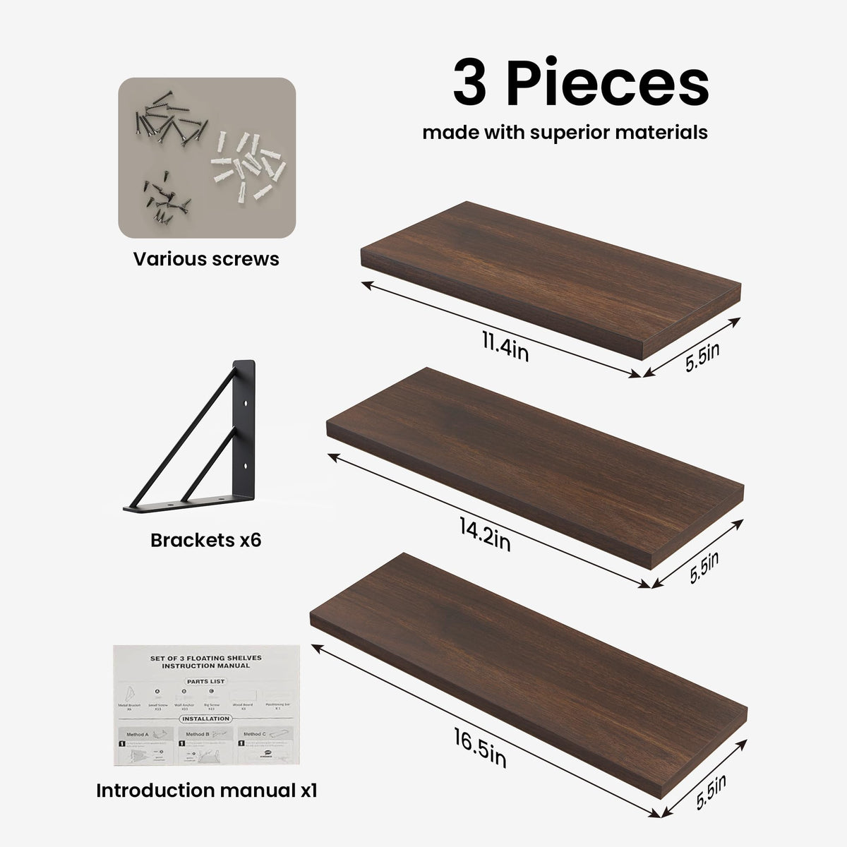 BAYKA Wall Mounted Floating Shelves, Set of 3, 16in, 23in & 36in Wall Shelves for Bedroom, Living Room, Bathroom & Kitchen, Multiple Colors-13