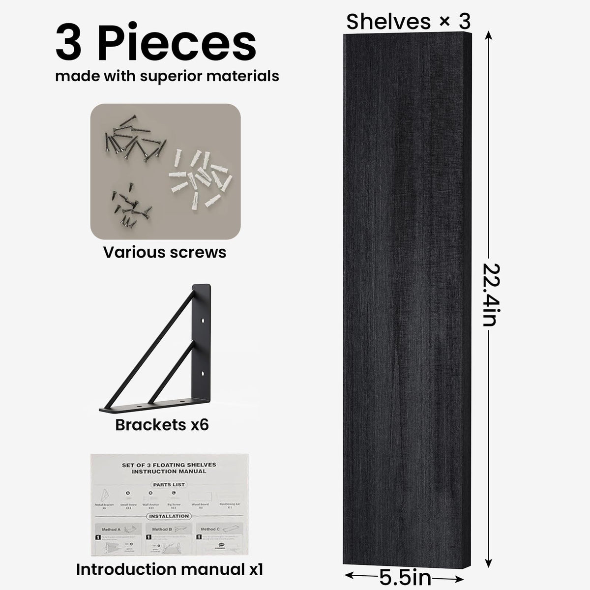 BAYKA Wall Mounted Floating Shelves, Set of 3, 16in, 23in & 36in Wall Shelves for Bedroom, Living Room, Bathroom & Kitchen, Multiple Colors-14