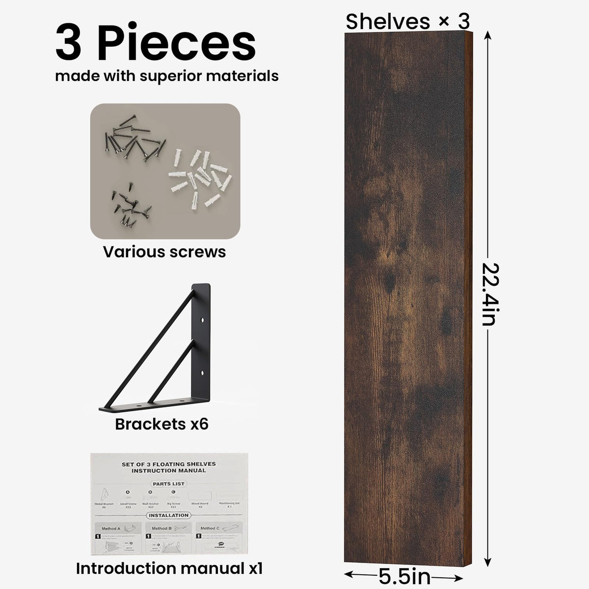 BAYKA Wall Mounted Floating Shelves, Set of 3, 16in, 23in & 36in Wall Shelves for Bedroom, Living Room, Bathroom & Kitchen, Multiple Colors-15