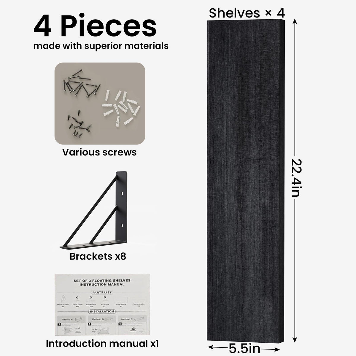 BAYKA Wall Mounted Floating Shelves, Set of 4, Space-Saving Wall Shelves for Bedroom, Living Room, Bathroom & Kitchen, Multiple Colors-13