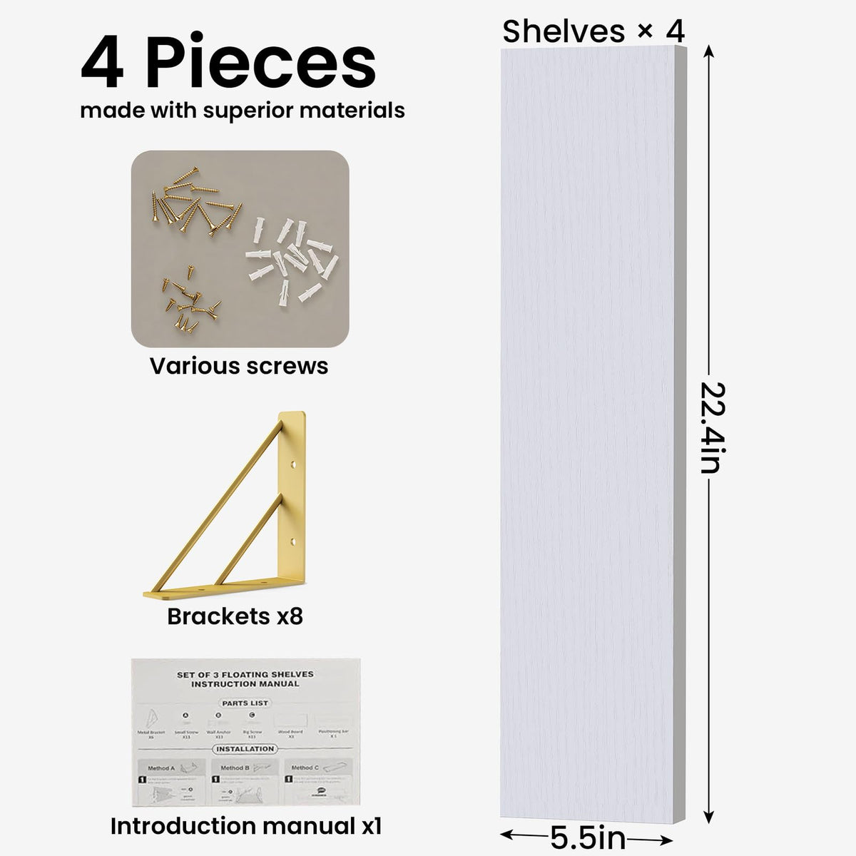 BAYKA Wall Mounted Floating Shelves, Set of 4, Space-Saving Wall Shelves for Bedroom, Living Room, Bathroom & Kitchen, Multiple Colors-15