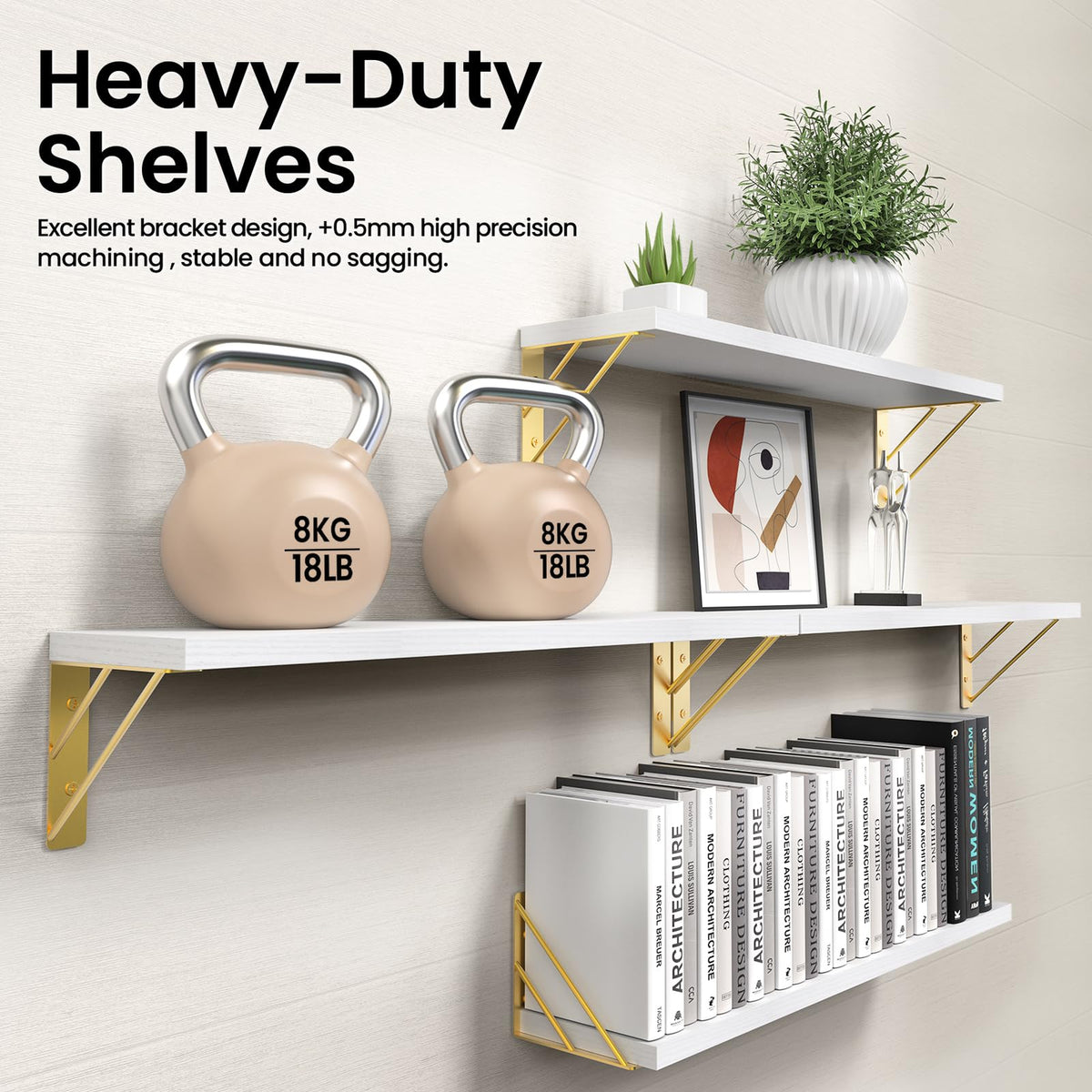 BAYKA Wall Mounted Floating Shelves, Set of 4, Space-Saving Wall Shelves for Bedroom, Living Room, Bathroom & Kitchen, Multiple Colors-zoom-3