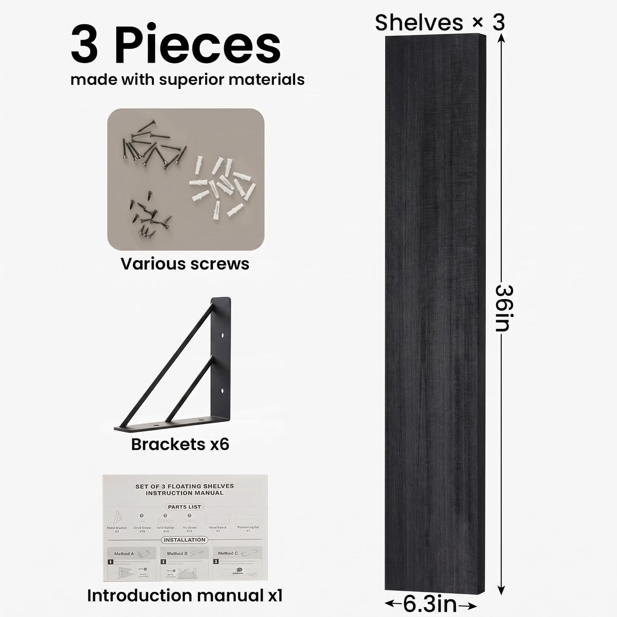 BAYKA Wall Mounted Floating Shelves, Set of 3, 16in, 23in & 36in Wall Shelves for Bedroom, Living Room, Bathroom & Kitchen, Multiple Colors-16