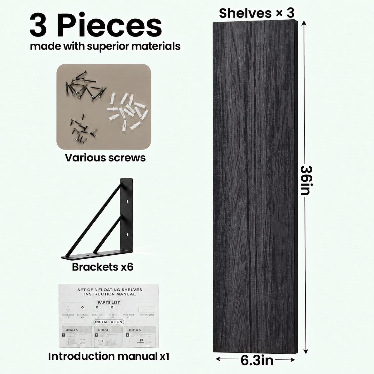 BAYKA Wall Mounted Floating Shelves, Set of 3, 16in, 23in & 36in Wall Shelves for Bedroom, Living Room, Bathroom & Kitchen, Multiple Colors-25