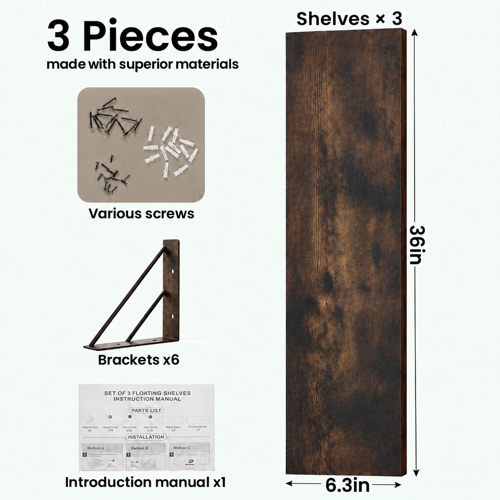 BAYKA Wall Mounted Floating Shelves, Set of 3, 16in, 23in & 36in Wall Shelves for Bedroom, Living Room, Bathroom & Kitchen, Multiple Colors-24