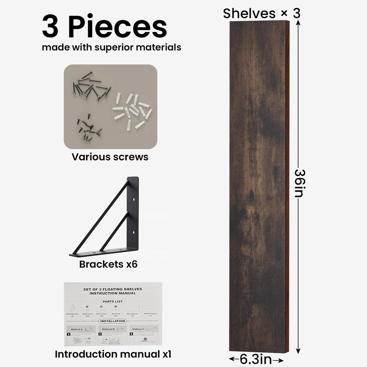 BAYKA Wall Mounted Floating Shelves, Set of 3, 16in, 23in & 36in Wall Shelves for Bedroom, Living Room, Bathroom & Kitchen, Multiple Colors-zoom-17