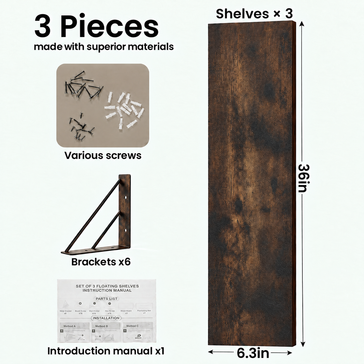 BAYKA Wall Mounted Floating Shelves, Set of 3, 16in, 23in & 36in Wall Shelves for Bedroom, Living Room, Bathroom & Kitchen, Multiple Colors-zoom-26