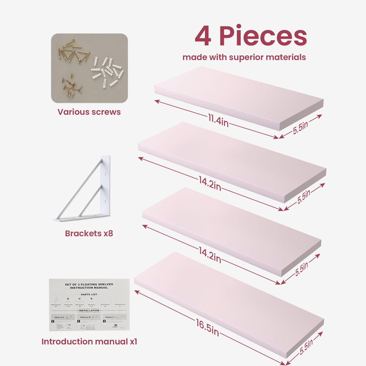 BAYKA Wall Mounted Floating Shelves, Set of 4, Space-Saving Wall Shelves for Bedroom, Living Room, Bathroom & Kitchen, Multiple Colors-zoom-8