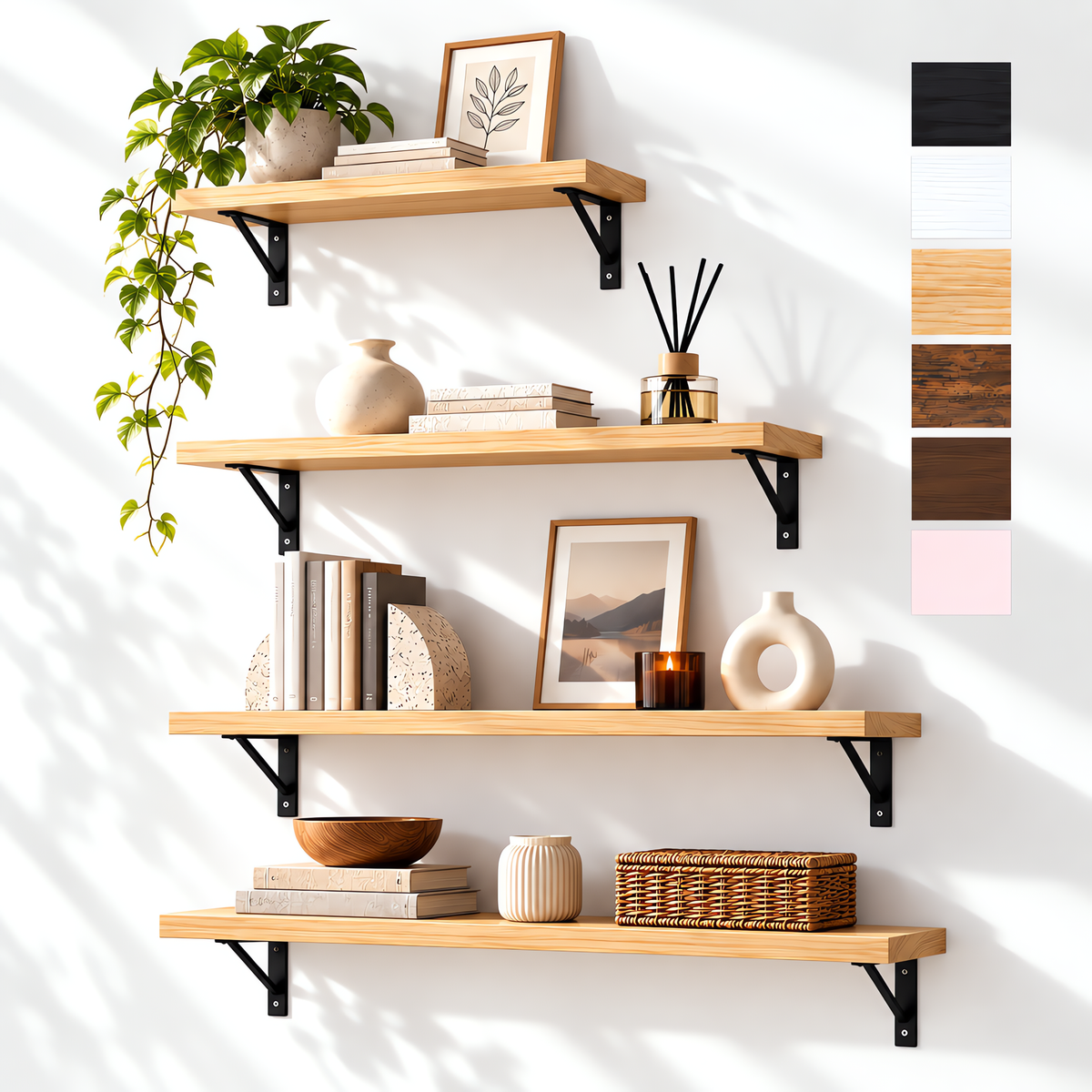 BAYKA Wall Mounted Floating Shelves, Set of 4, Space-Saving Wall Shelves for Bedroom, Living Room, Bathroom & Kitchen, Multiple Colors