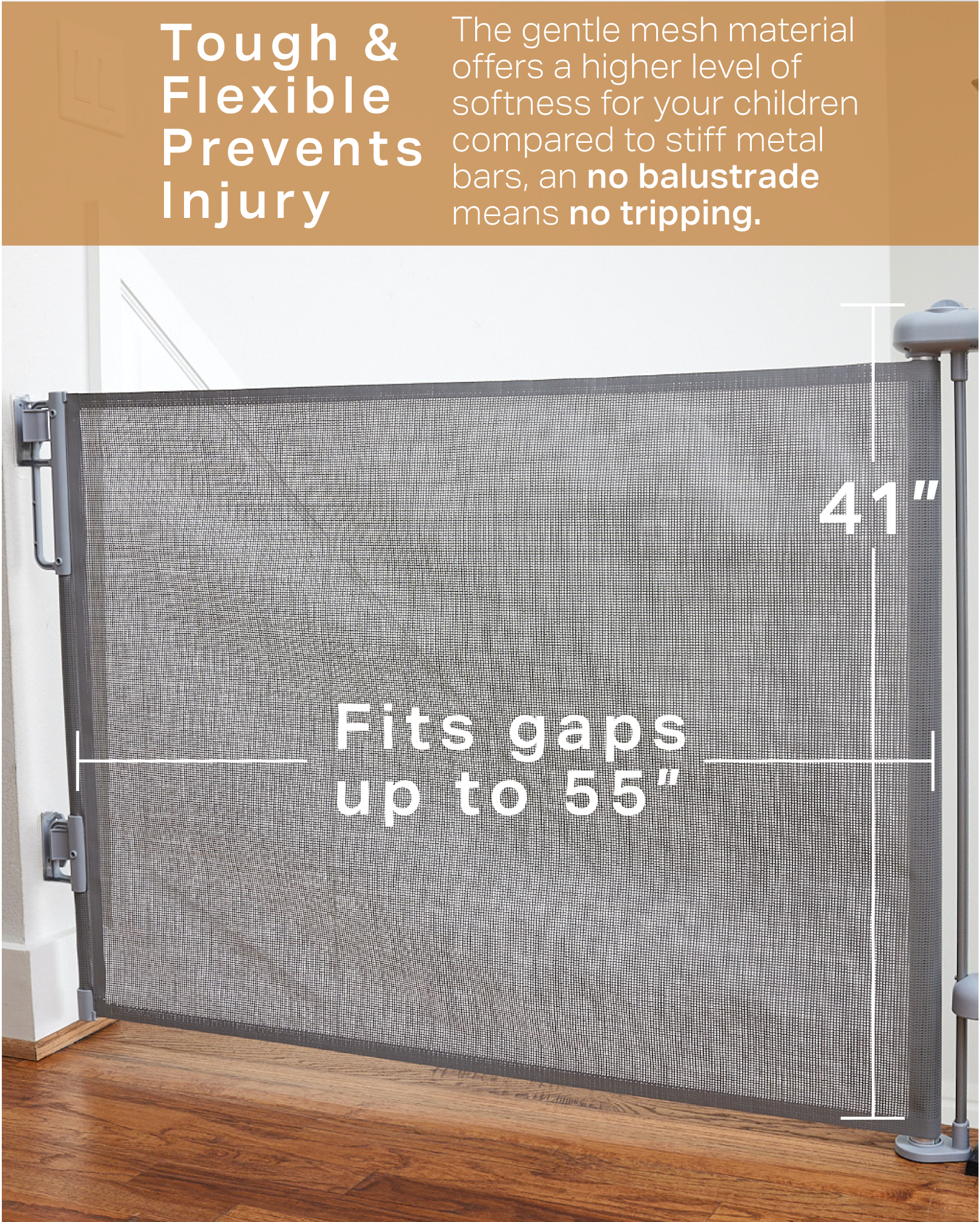 Mesh Baby Gate | 41 Inches Tall | 0-55 Inches Wide | Grey | Cumbor - aborderproducts