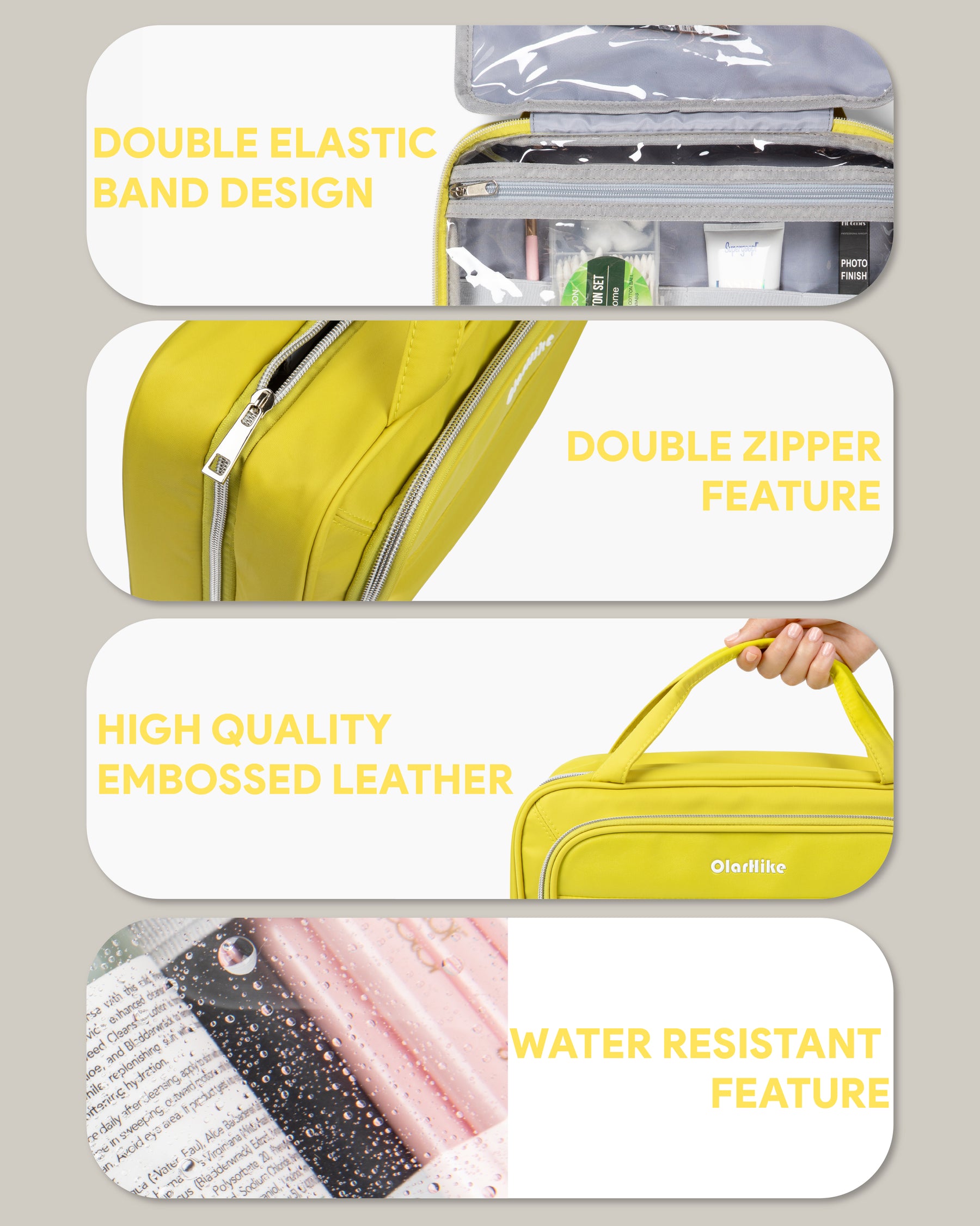 OlarHike Toiletry Bag, Large Size Makeup Jewelry 3 in 1 Essentials Travel Packing Organizers (Yellow) - aborderproducts