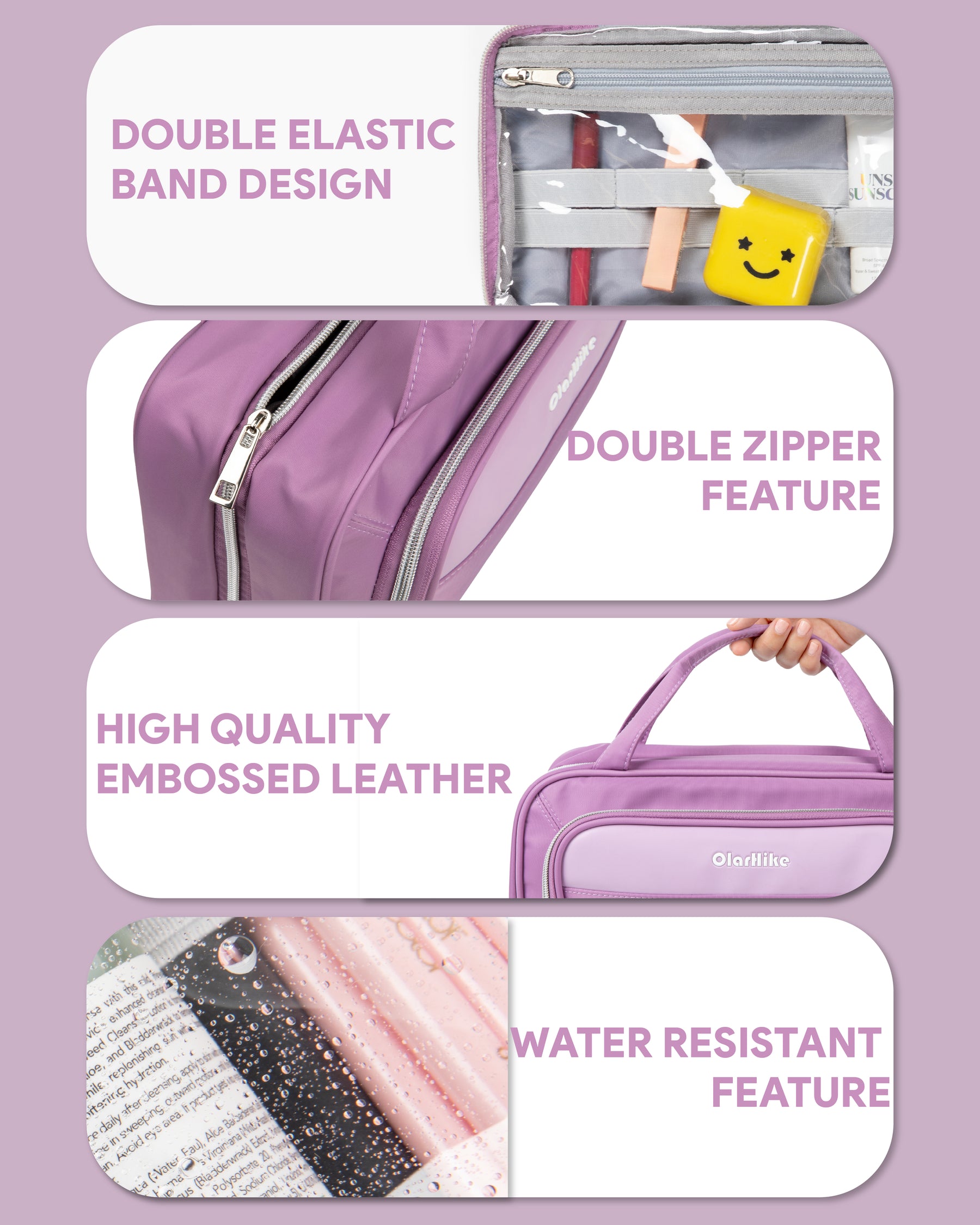 OlarHike Toiletry Bag, Medium Size Makeup Jewelry 3 in 1 Essentials Travel Packing Organizers (Purple) - aborderproducts