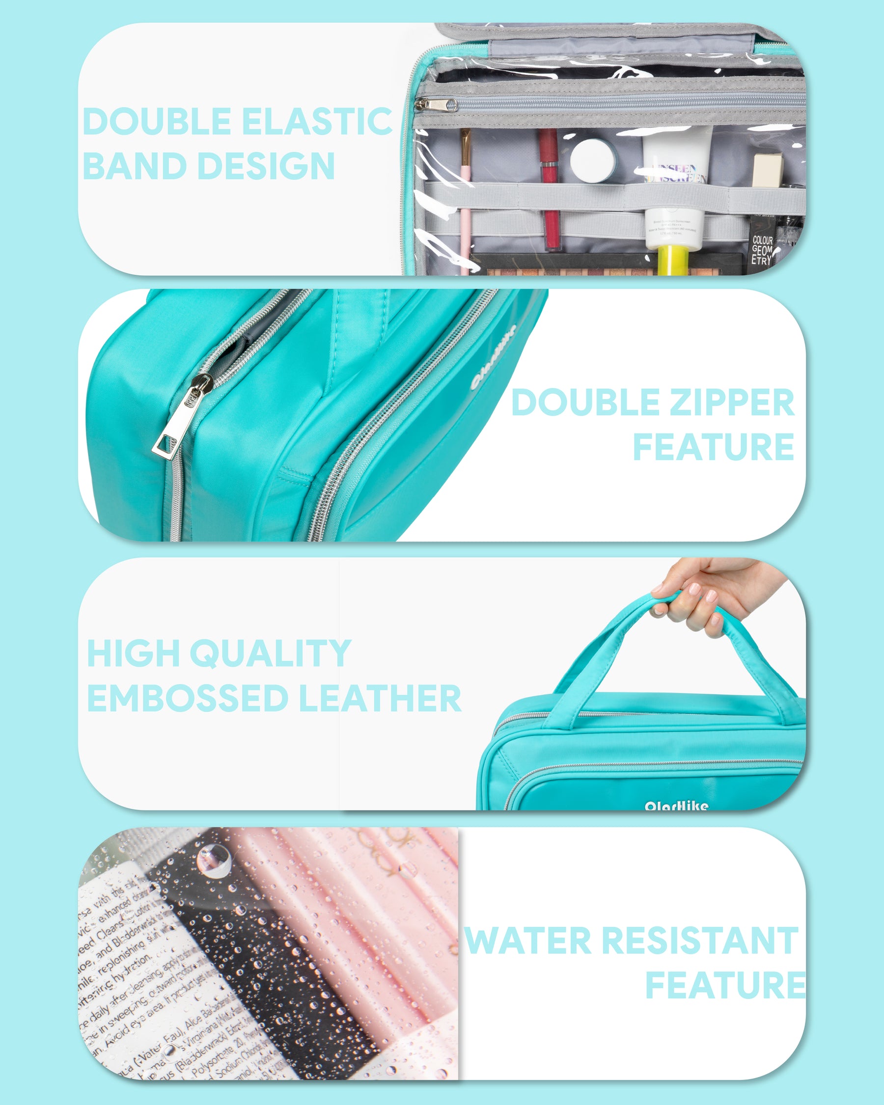 OlarHike Toiletry Bag, Large Size Makeup Jewelry 3 in 1 Essentials Travel Packing Organizers (Cyan) - aborderproducts